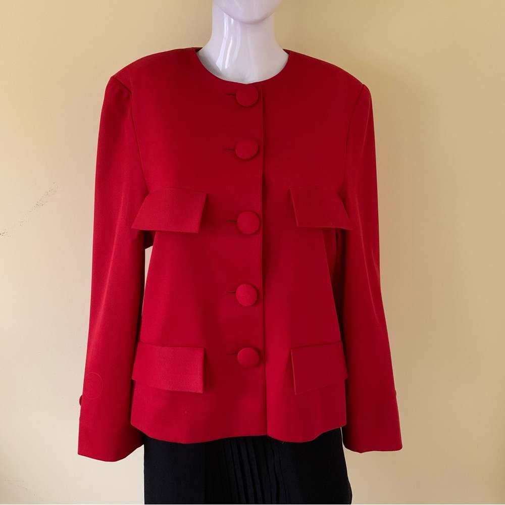 Bright red blazer jacket custom tailored collarless button-down pocket heads L